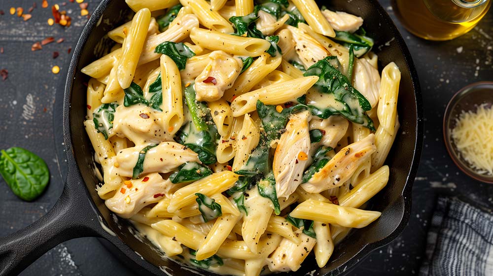 Indulge in creamy goodness with our delectable Creamy Chicken and Spinach Pasta recipe! This comforting dish features tender chicken, vibrant spinach, and al dente pasta coated in a luxuriously creamy sauce. Perfect for family dinners or entertaining guests; it's sure to be a crowd-pleaser! #CreamyChickenSpinachPasta #PastaRecipes #ComfortFood