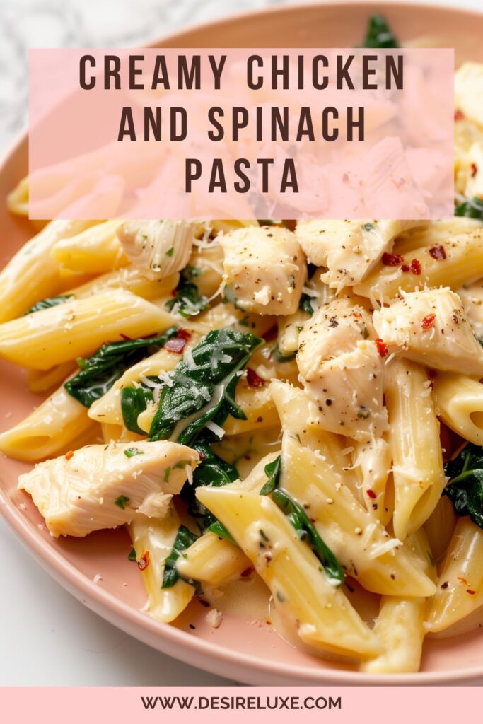 Indulge in creamy goodness with our delectable Creamy Chicken and Spinach Pasta recipe! This comforting dish features tender chicken, vibrant spinach, and al dente pasta coated in a luxuriously creamy sauce. Perfect for family dinners or entertaining guests; it's sure to be a crowd-pleaser! #CreamyChickenSpinachPasta #PastaRecipes #ComfortFood